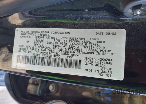 2003 Toyota 4Runner Limited V8 z USA, uszkodzony, nr VIN JTEBT17RX30004230